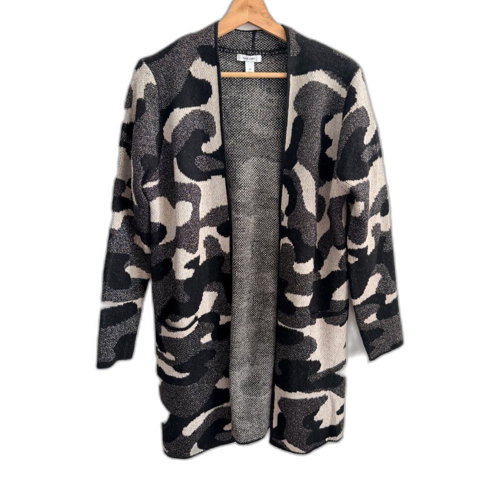 Nine West Medium Metallic Camo Long Cardigan Sweater Coat Black Cream Pockets